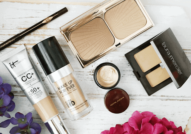 Charlotte Tilbury Rock n Kohl, Make Up For Ever Ultra HD, IT Cosmetics CC Cream, Kevyn Aucoin Sensual Skin Enhancer, Charlotte Tilbury Filmstar Bronze and Glow, Laura Mercier Secret Camouflage