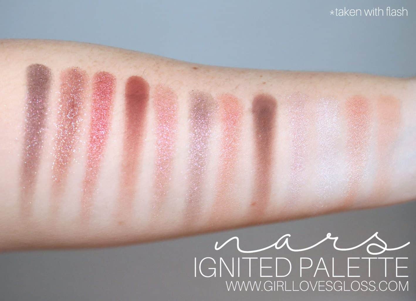 nars ignited palette swatches with flash