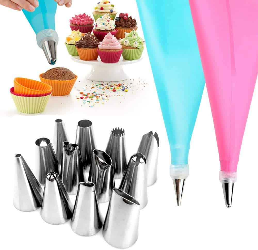 WJASI Silicone Piping Bags and Nozzle,Silicone Icing Piping Cream Pastry Bag and 12 Pcs Piping No...